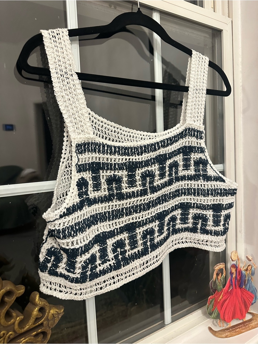 SHEIN White and Navy Crochet Striped Cropped Tank